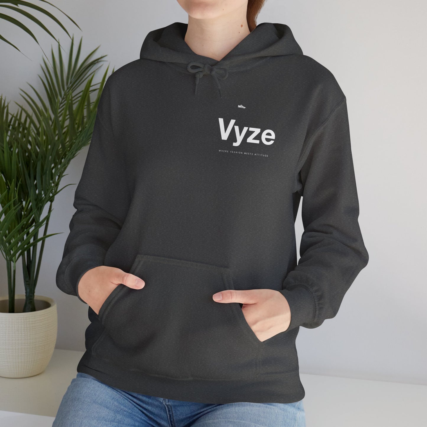 Vyze Logo Hoodie — Minimal Black Pullover with Small Chest Print